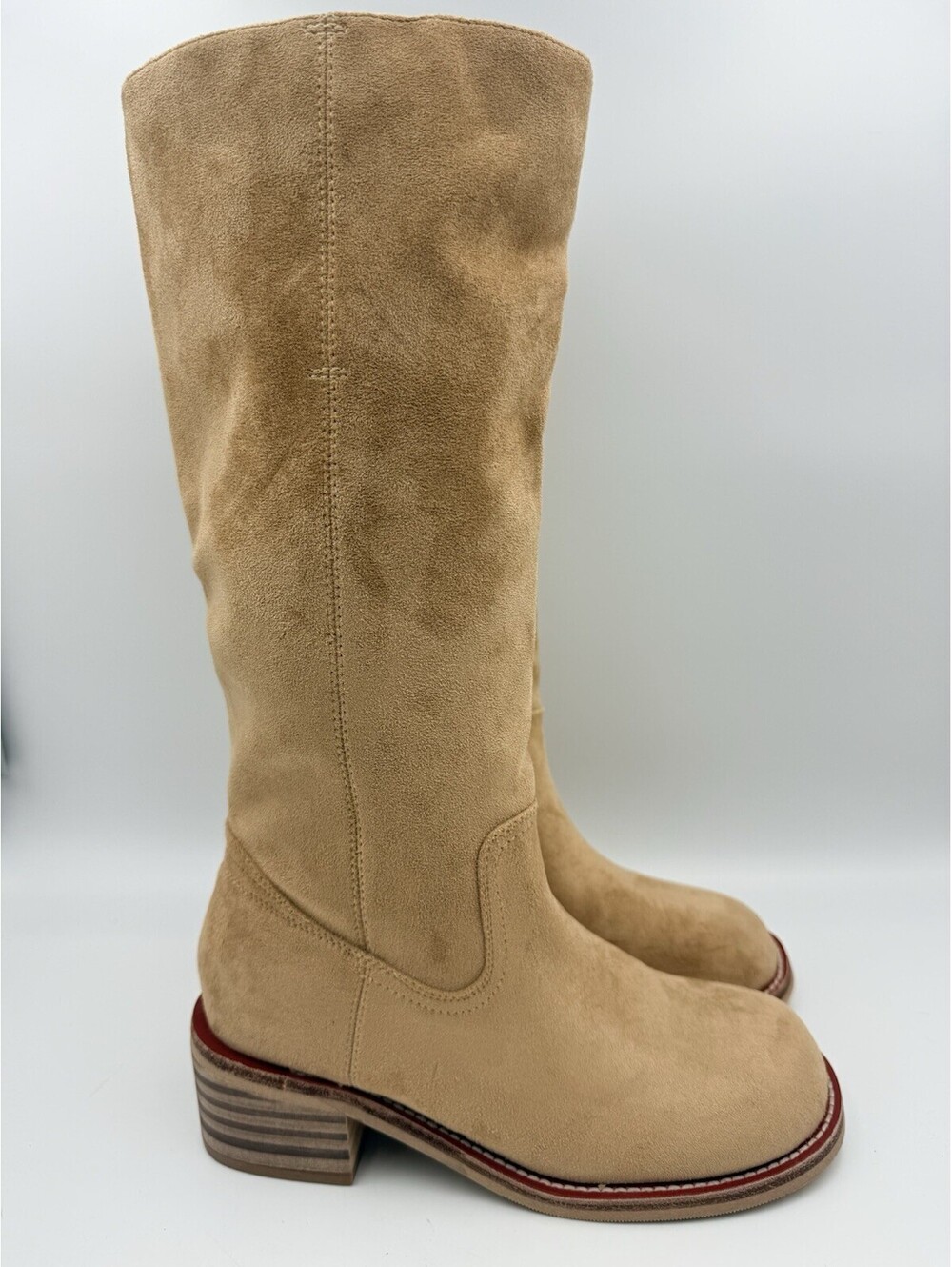 VBDB Women Knee High Boots Suede Chunky Heel Square Toe Apricot Sz 6.5